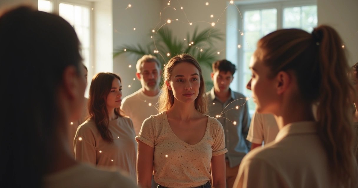 Representación visual de un grupo participando en una constelación sistémica, formando un círculo conectados por líneas. 