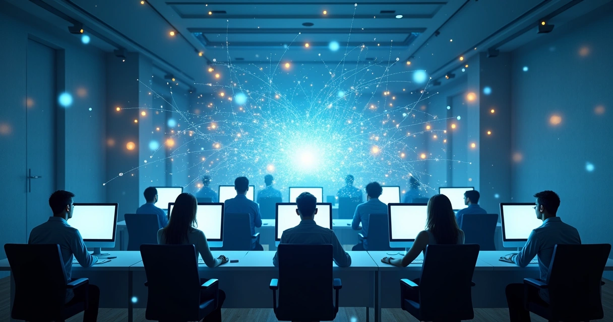 Ilustração de um grupo de pessoas conectadas virtualmente, interagindo em um campo de energia luminosa compartilhada 