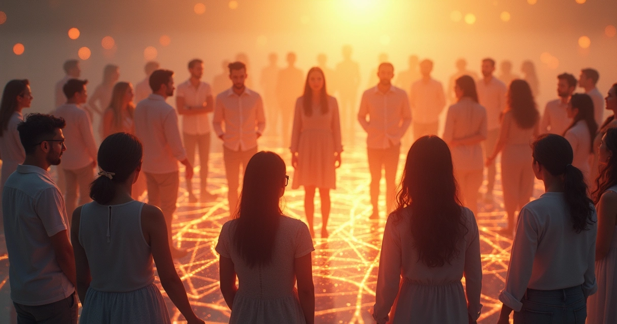 Grupos de pessoas em um círculo, ilustrações de conexões energéticas entre elas 