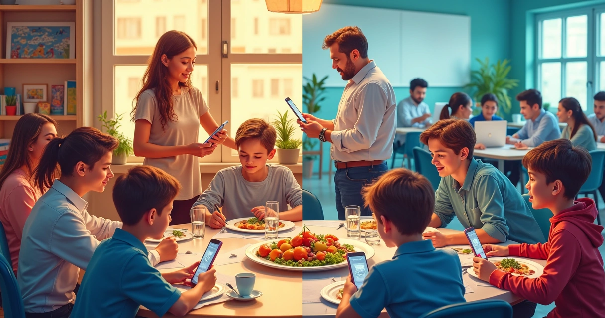 Grupo de pessoas em diferentes ambientes sociais, como escola, família e trabalho.