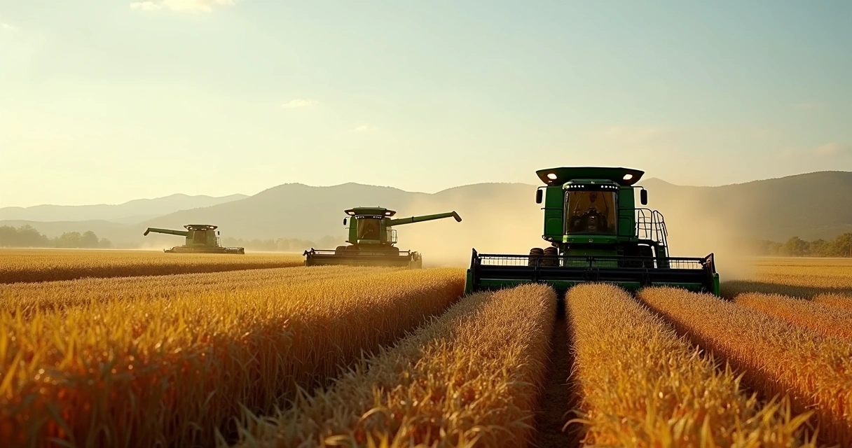 Plantação de soja no Brasil com colheitadeiras trabalhando 