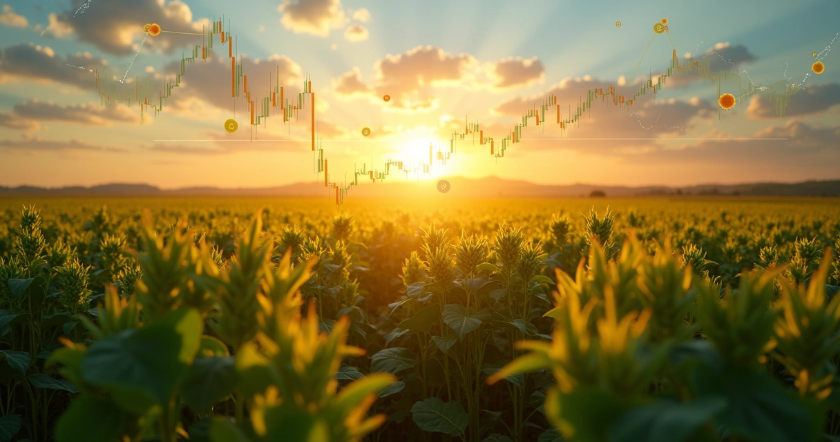 Campo de soja com gráfico de câmbio ao fundo