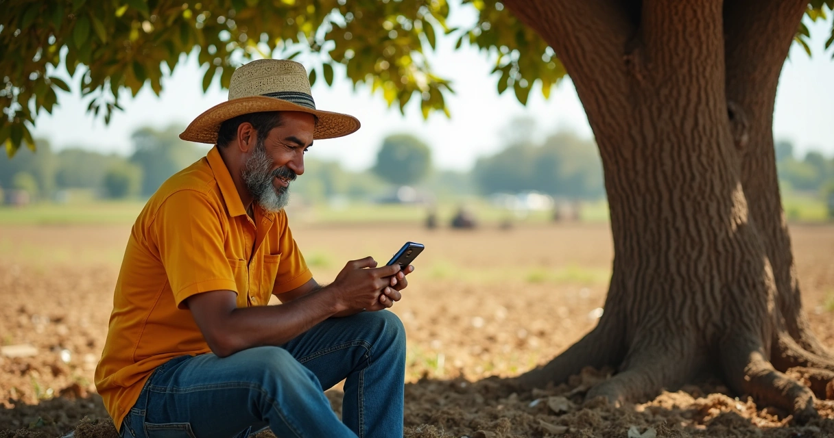 Trabajador rural usando una app en su celular bajo la sombra de un árbol 