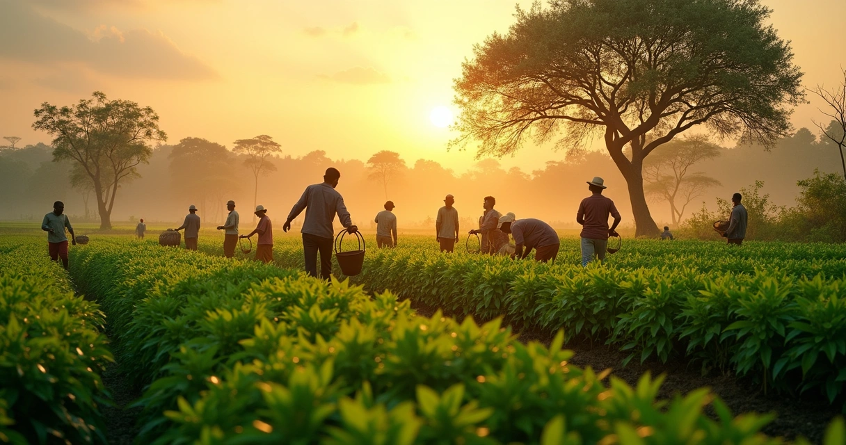 Plantação de moringa com agricultores trabalhando de maneira sustentável