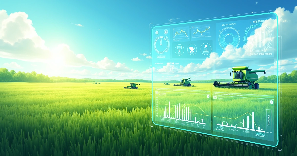 Painel digital com gráficos agrícolas sobre paisagem de campo. 