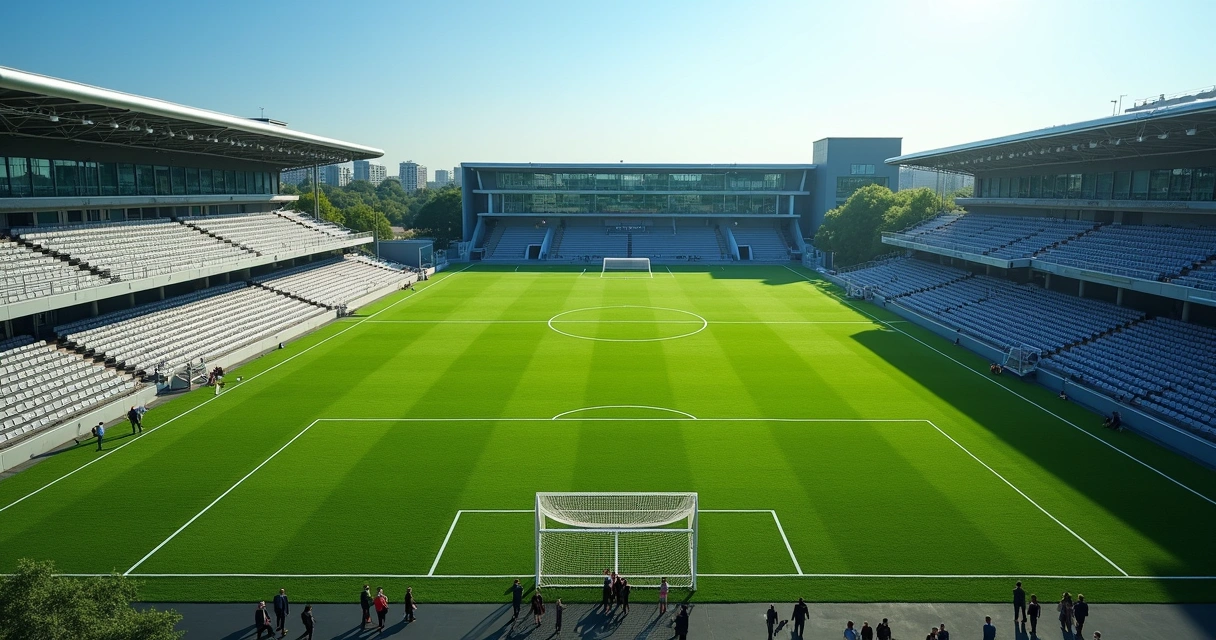 Vista aérea de campo de treinamento moderno com estrutura empresarial ao redor 