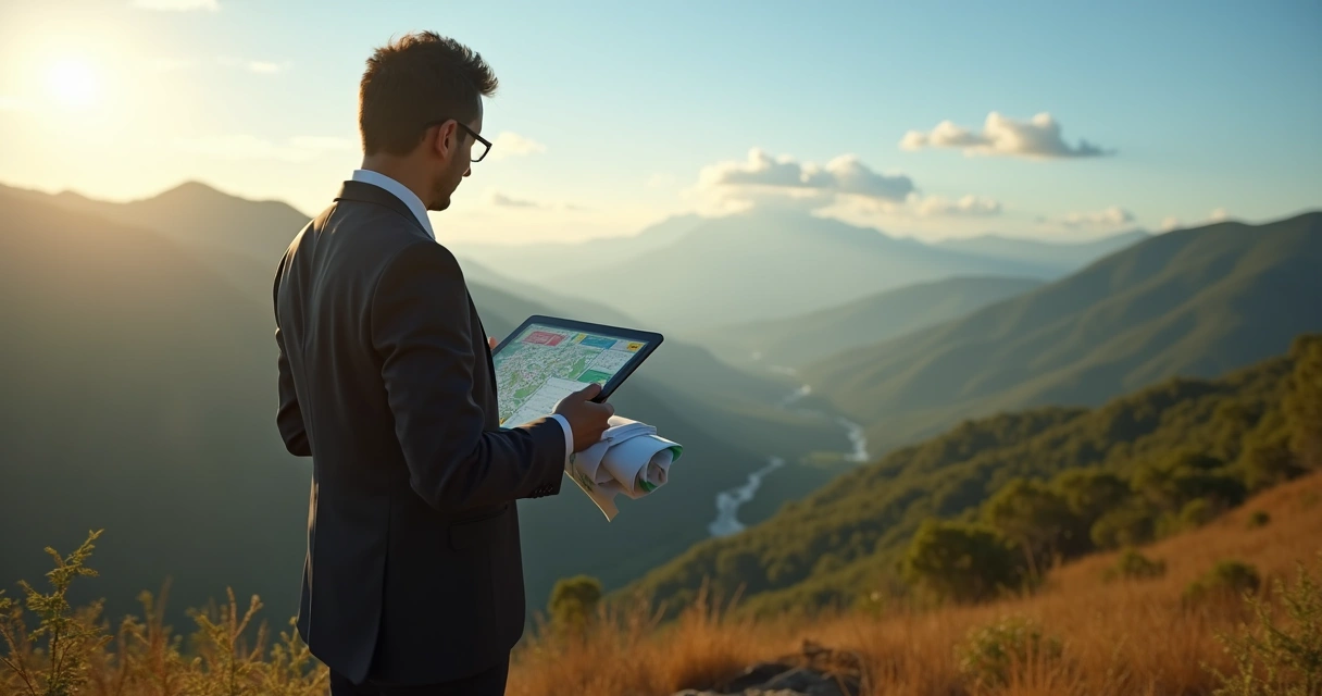 Advogado observa campos de altitude ao fundo enquanto analisa normas ambientais em tablet 