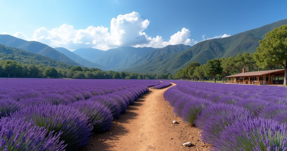 Campos de lavanda e montanhas ao fundo 