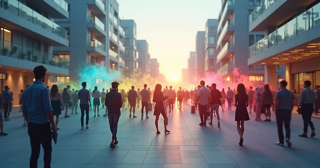 Grupo de pessoas interligadas por campos de energia coloridos em ambiente urbano 