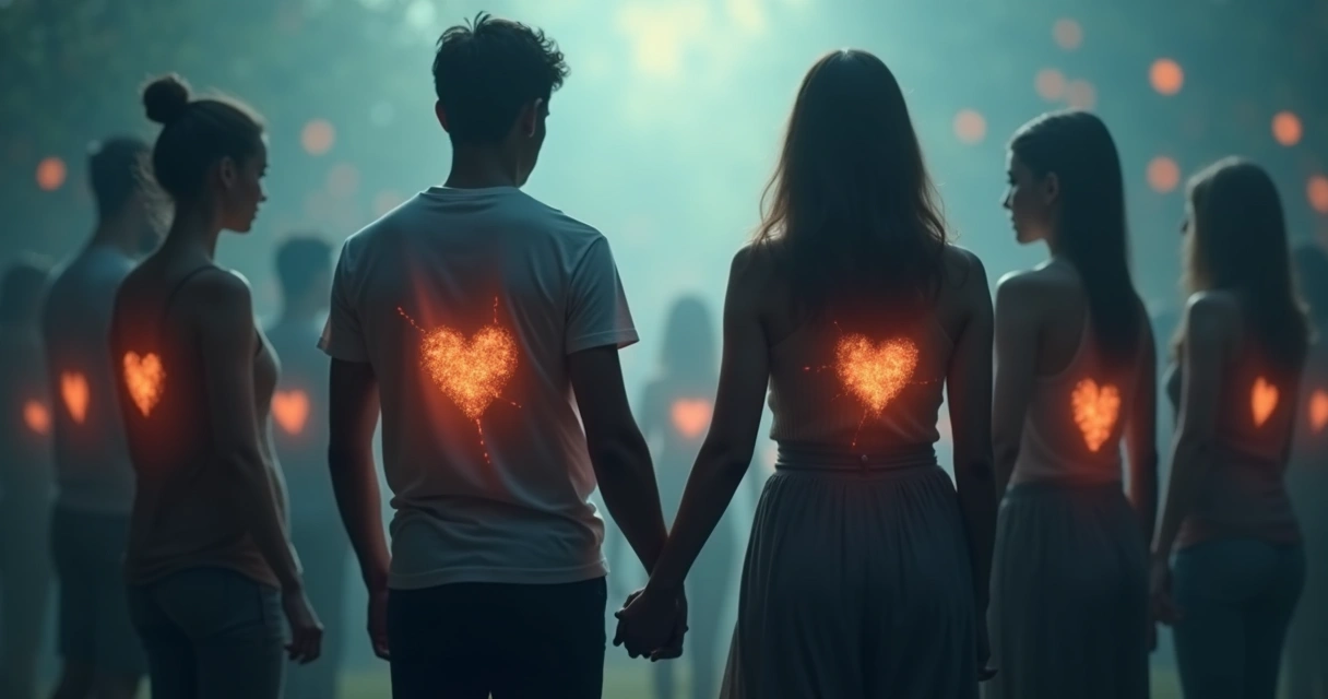 Grupo de pessoas conectadas por linhas de energia sutil 