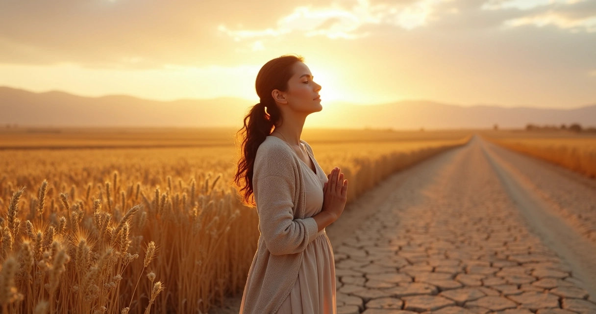 Mulher cristã orando entre campo florido e terra seca ao pôr do sol 