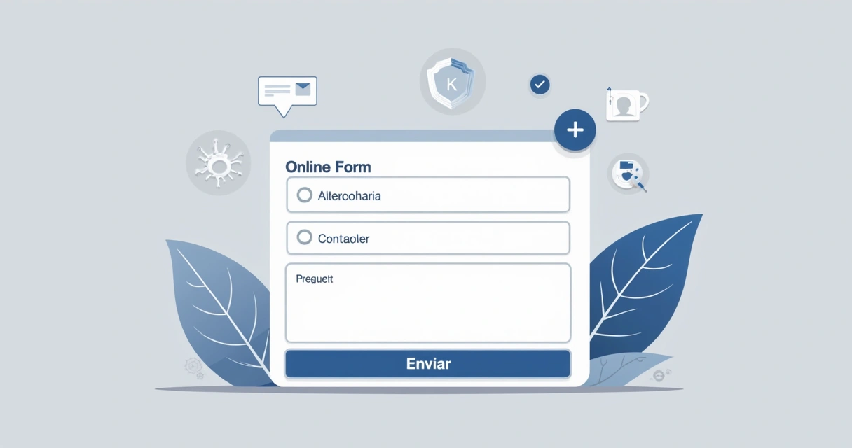 Ilustração de campos de formulário online simples em fundo cinza com detalhes azuis, botão de envio e validação. 