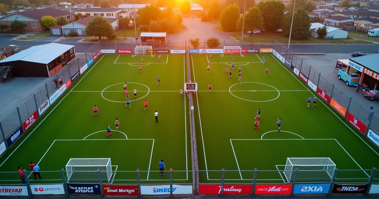 Vista aérea de campos society 7x7 lado a lado com patrocinadores locais nas bordas 