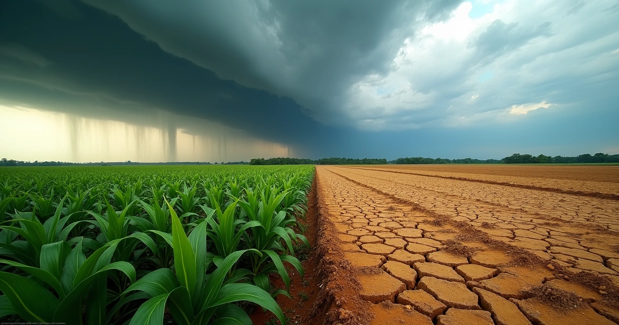 Plantação de soja com céu nublado e sinais de chuva e seca ao fundo.