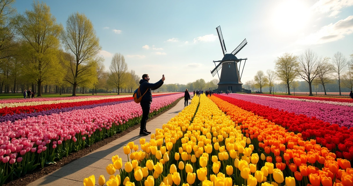 Campos de tulipas coloridas em Keukenhof com turista observando ao fundo um moinho de vento 