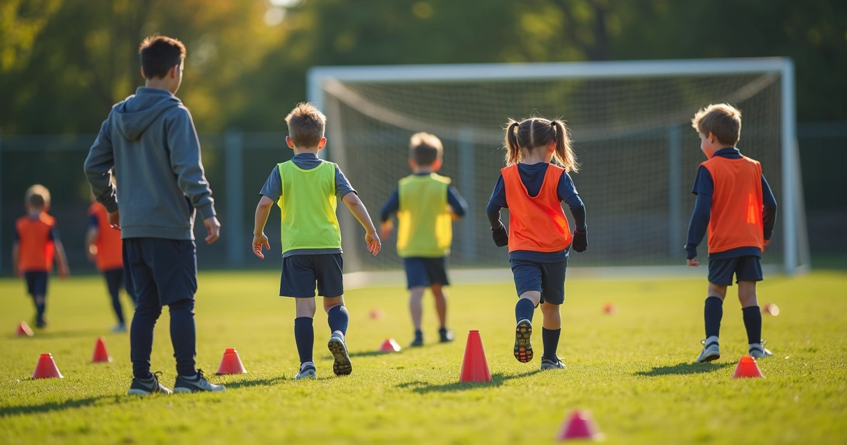 Alunos jovens treinando futebol em campo de escola, com cones e treinador
