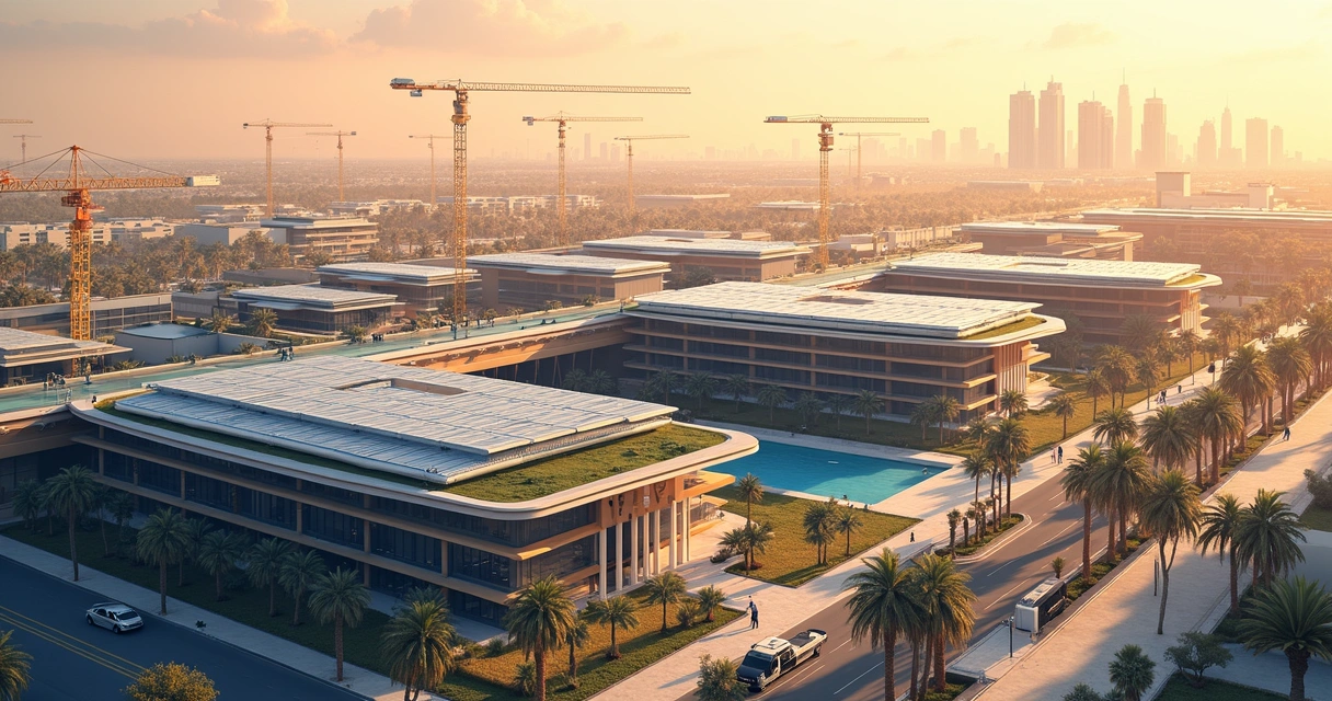 Campus tecnológico em construção em Abu Dhabi, com edifícios modernos e painéis solares