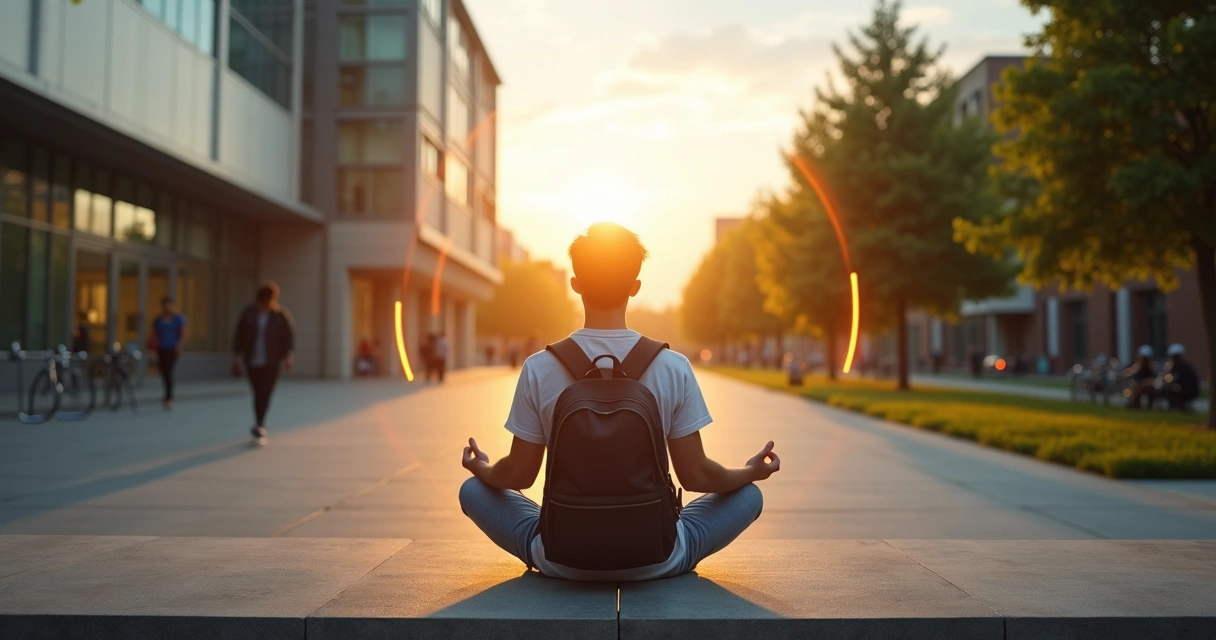 Estudante meditando em campus universitário ao entardecer 