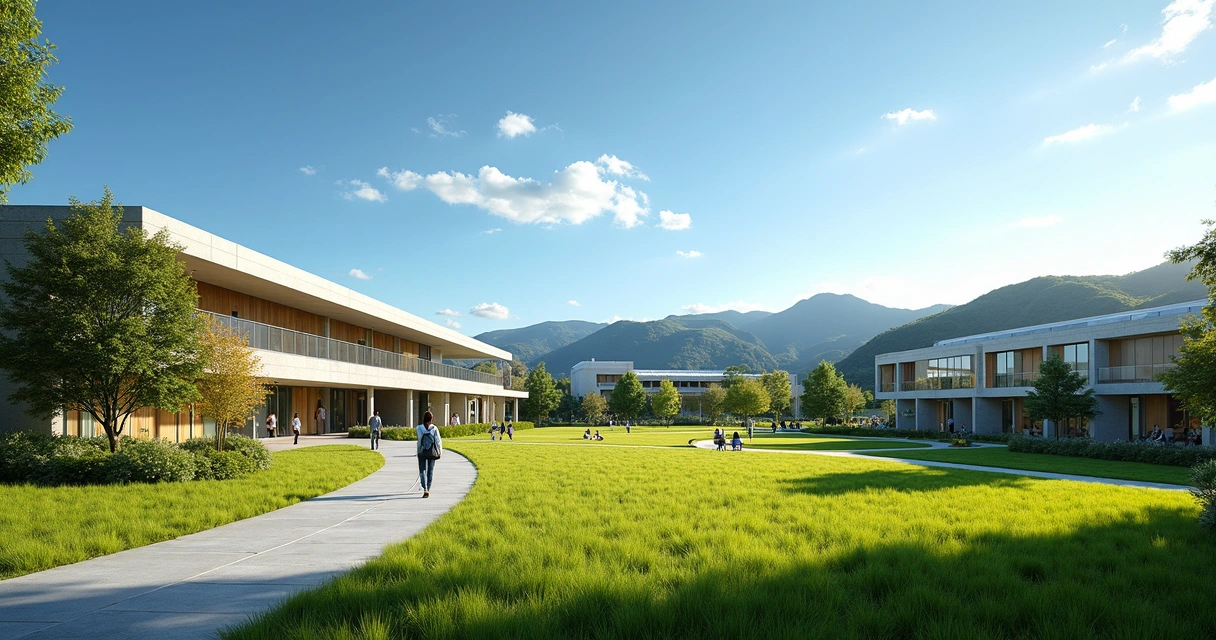 Campus moderno de universidade com colinas verdes ao fundo na Nova Zelândia.