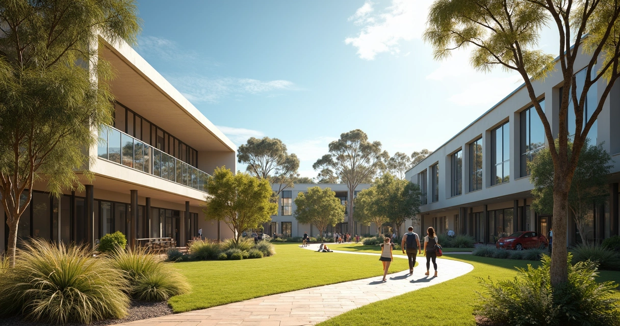 Vista de um campus universitário australiano com estudantes caminhando entre árvores