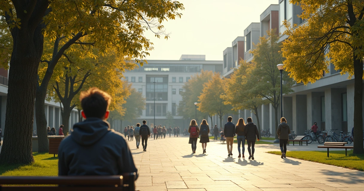 Estudante sentado no campus observando movimento universitário 