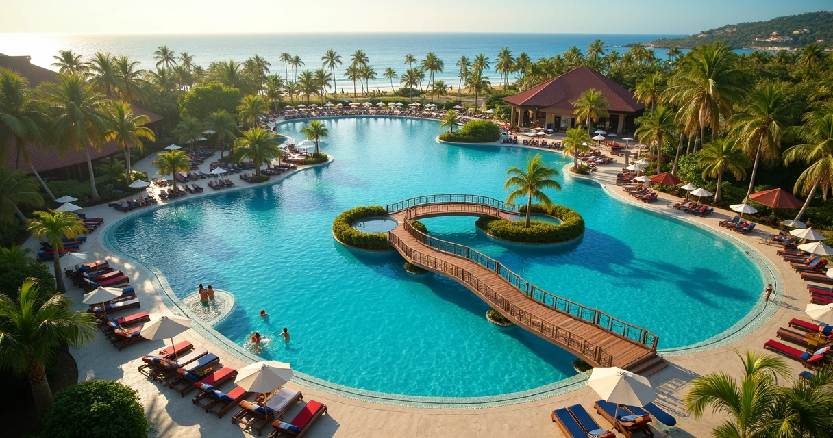 Vista aérea do resort com piscinas e lago de esportes 