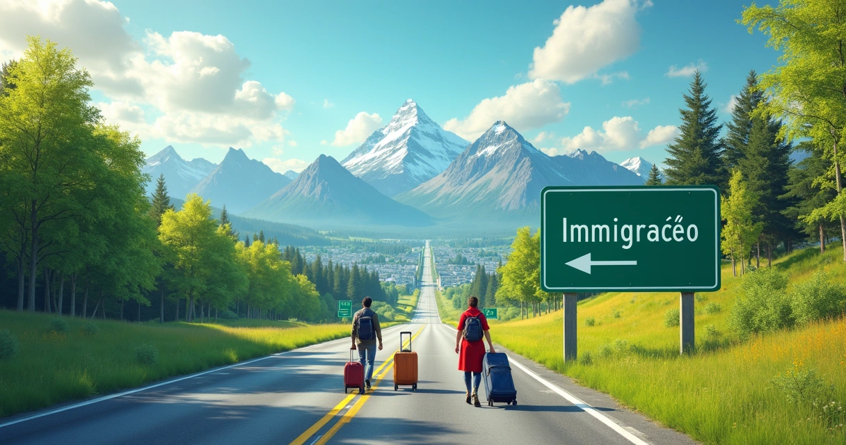 Estrada no Canadá, placas indicando imigração, montanhas e pessoas com malas 