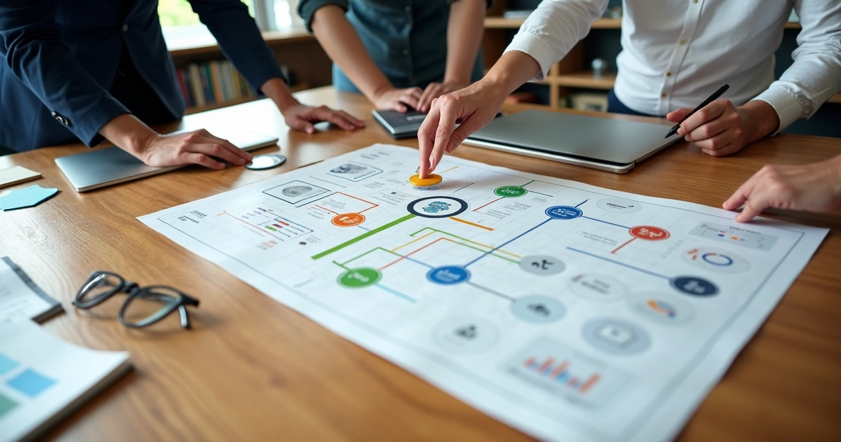 Estratégista de marketing montando mapa físico de canais de aquisição em grande mesa 