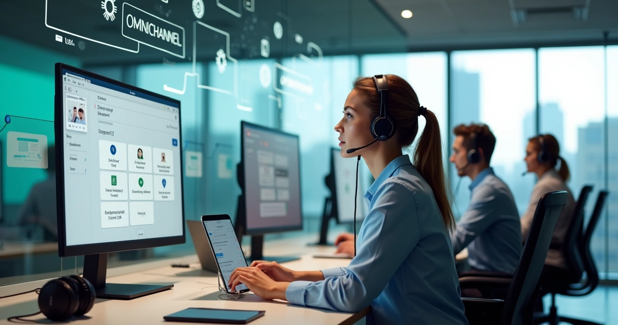 Equipe de atendimento usando vários canais digitais em uma central moderna 
