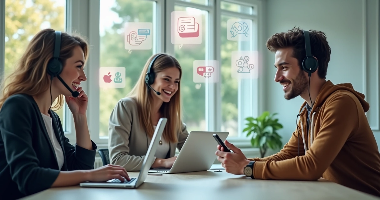 Pessoas utilizando diferentes canais digitais e físicos de atendimento, como computador, telefone e celular 