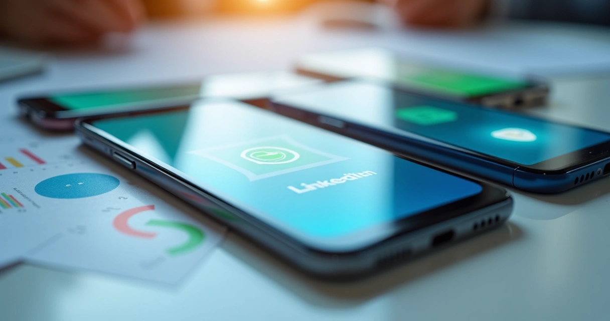 Diversas telas de celular mostrando aplicativos de comunicação, com planilhas de dados ao fundo 