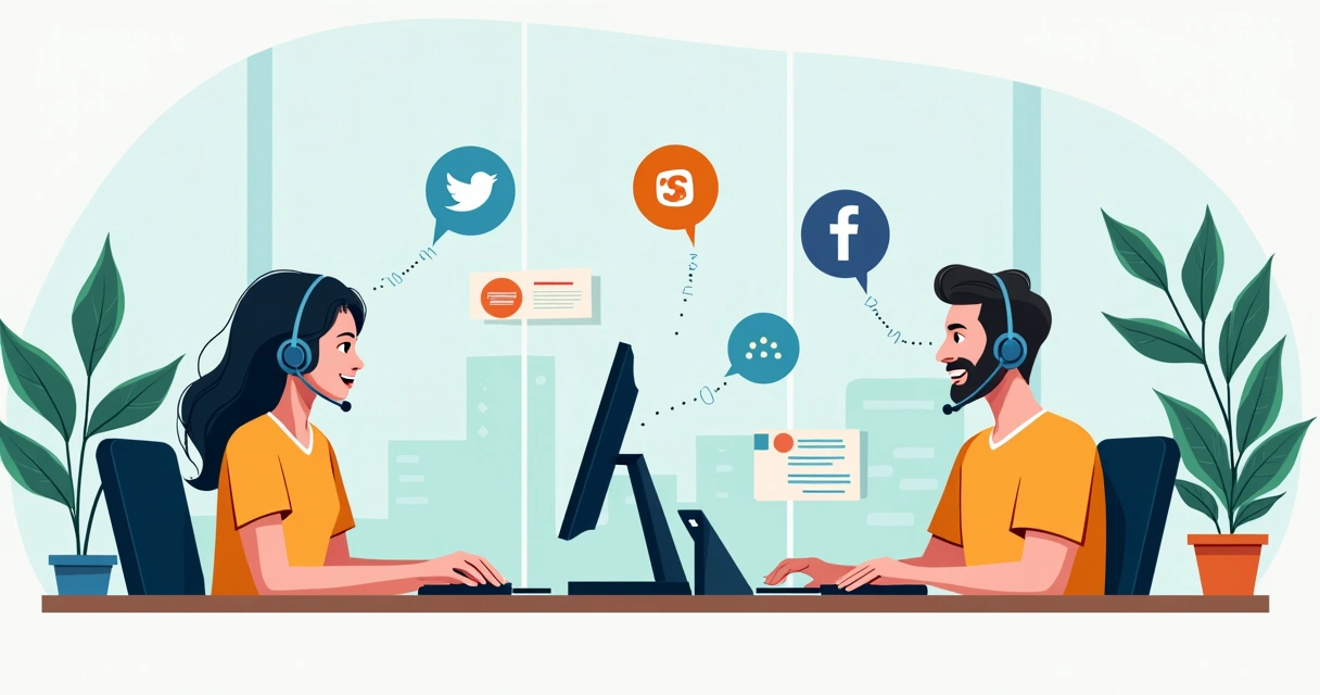 Ilustração dos diferentes canais de atendimento, como chat, telefone e atendimento presencial. 