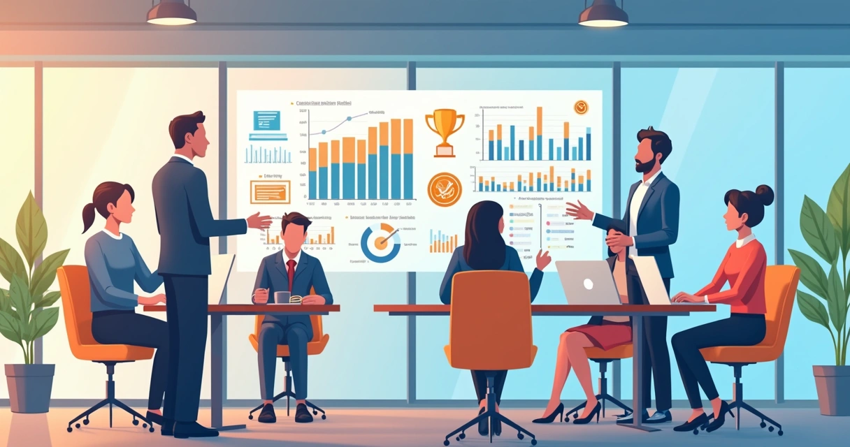 Gestores de canais analisando sucesso de programa de parcerias, gráficos e medalhas 