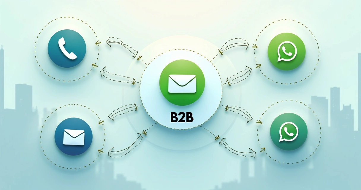 O que é prospectar: técnicas e métodos de prospecção B2B 4 Ícones de telefone, e-mail, LinkedIn e WhatsApp conectados a uma empresa