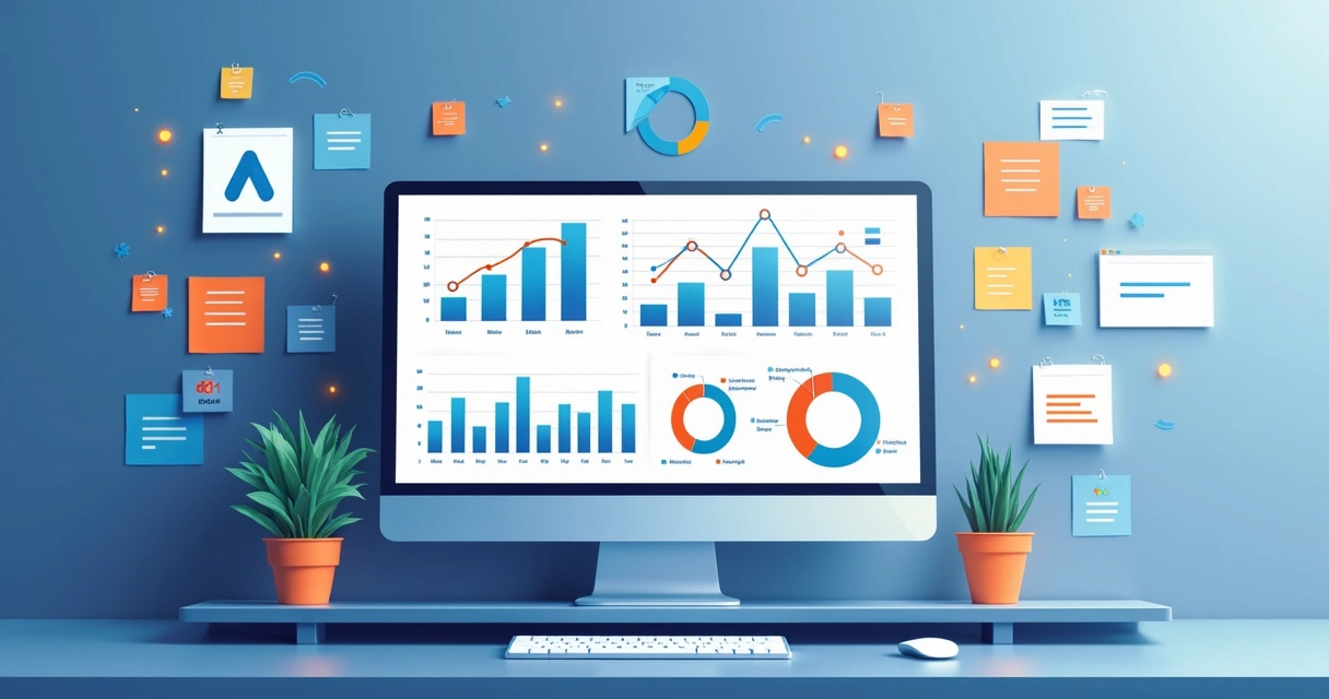 Painel com gráficos e logos do Google Ads, LinkedIn Ads e mídia programática 