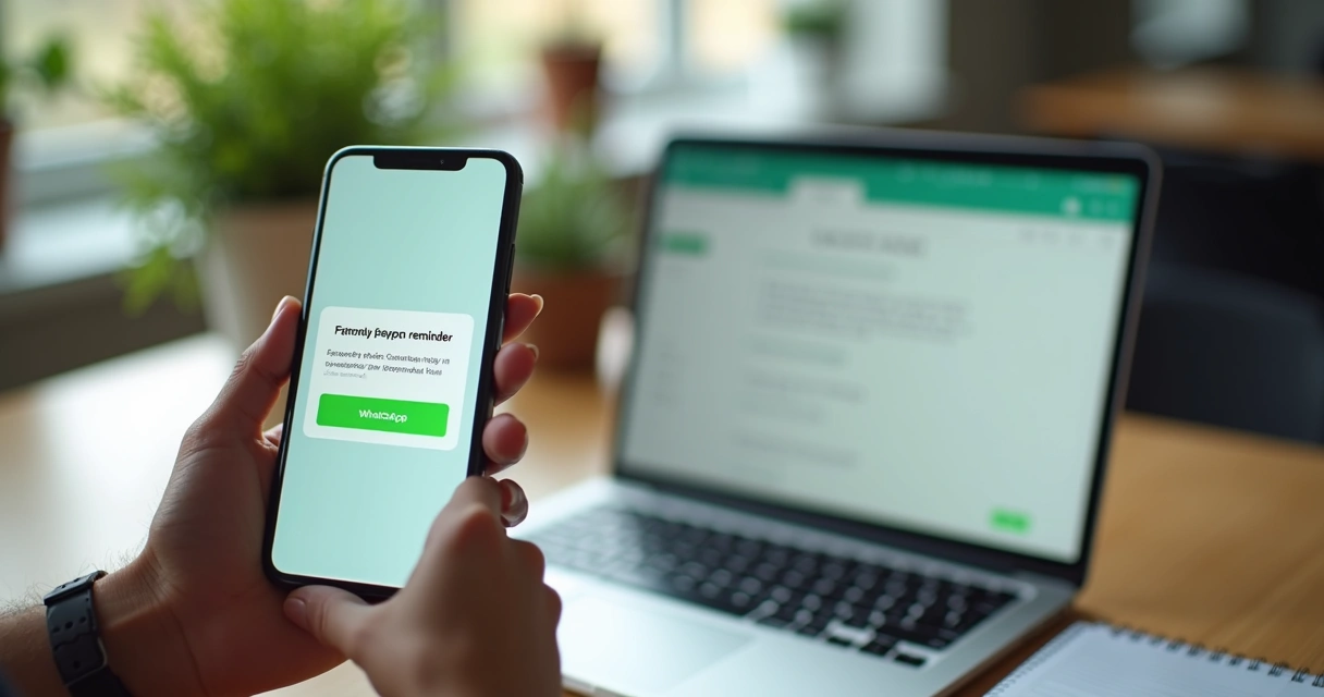 Celular na mão mostrando WhatsApp, notebook ao fundo com e-mail aberto 