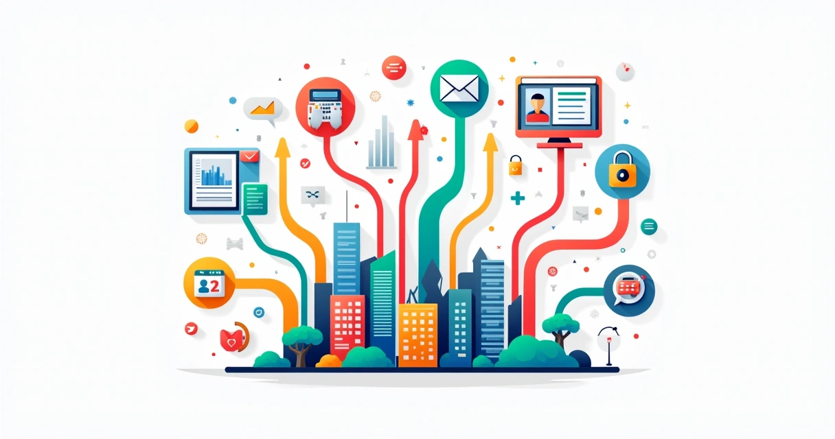 Diferentes canais digitais conectados por gráficos de crescimento 