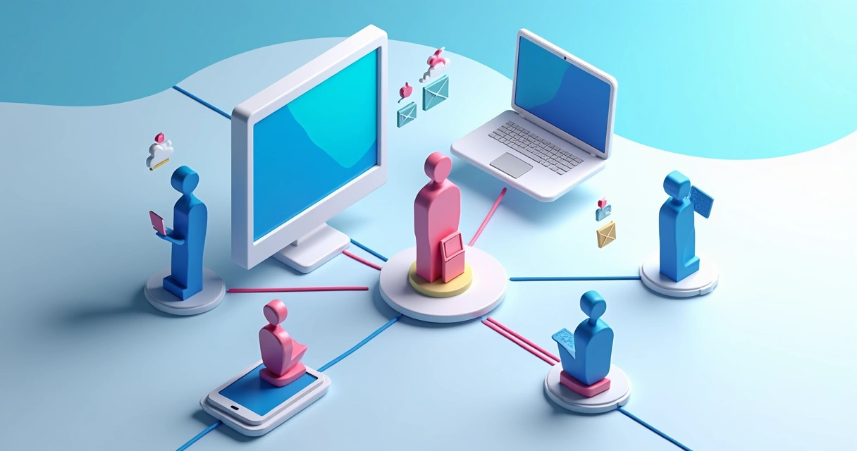 Vendas omnichannel B2B: como parceiros se encaixam Ilustração em 3D de múltiplos canais digitais interligados por linhas, mostrando diferentes dispositivos como computador, smartphone, tablet e representantes de vendas ao redor