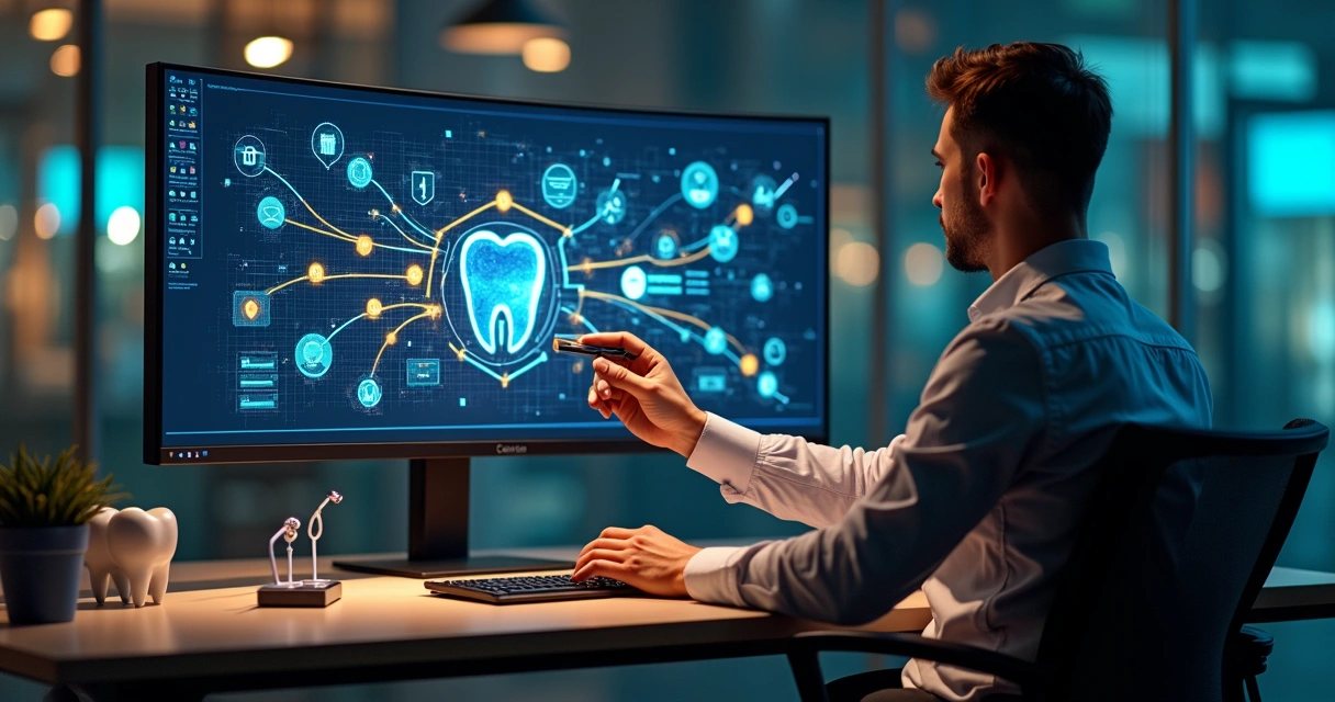 Gestor de clínica odontológica em escritório moderno analisando mapa de canais digitais em monitor amplo 