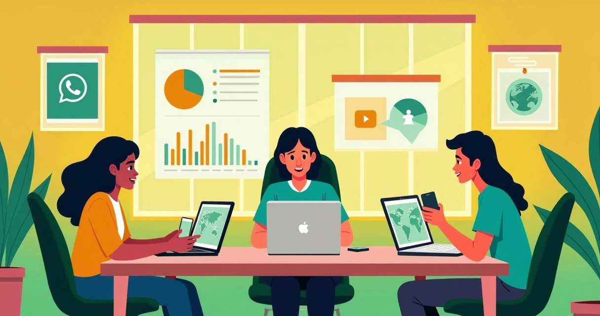 Equipe analisando redes sociais políticas em diferentes dispositivos