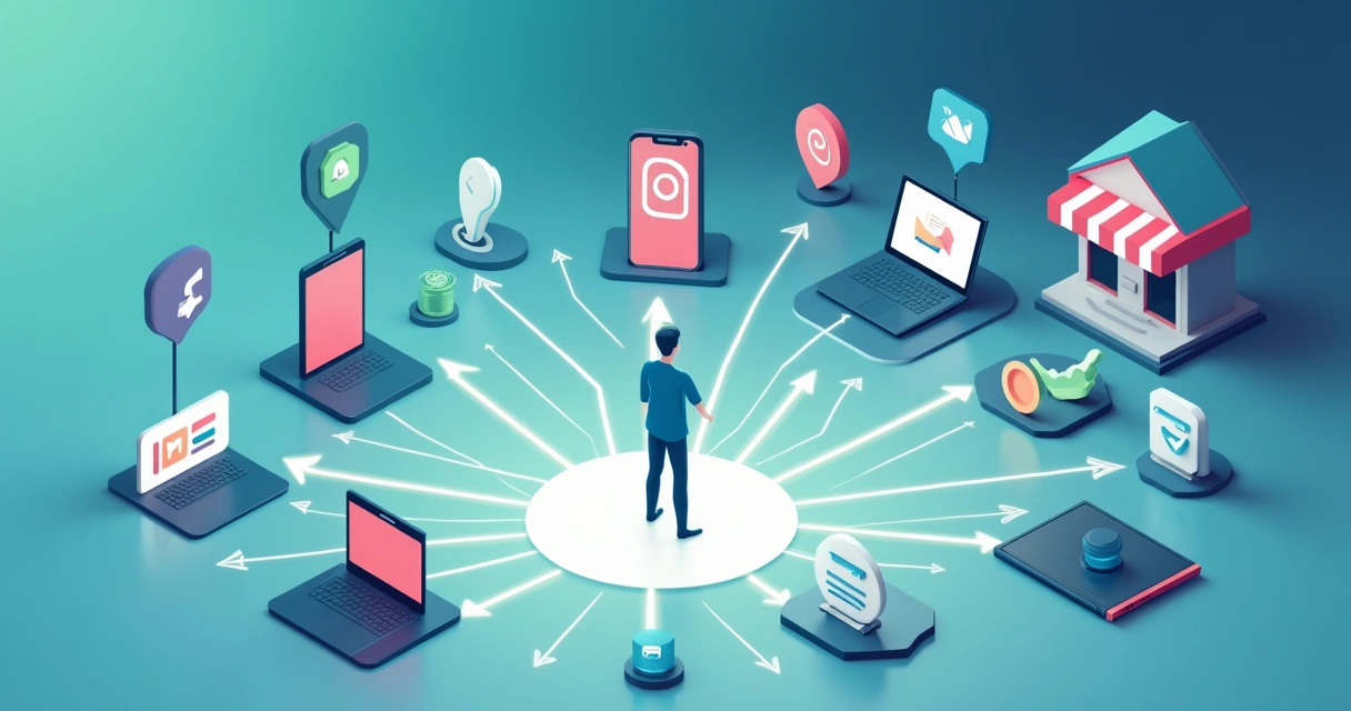 Ilustração de múltiplos canais conectados em torno do cliente 