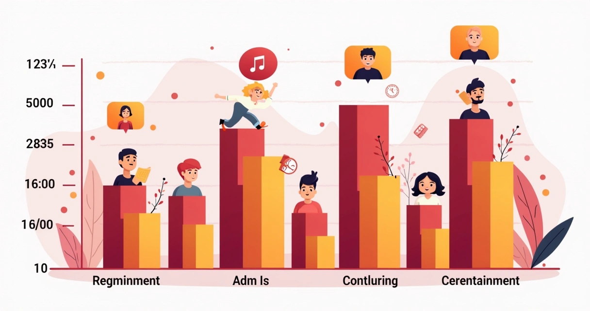 Ilustração de gráfico com barras representando diferentes canais do YouTube mais populares, com ícones de música, pessoas e crianças acima das barras 