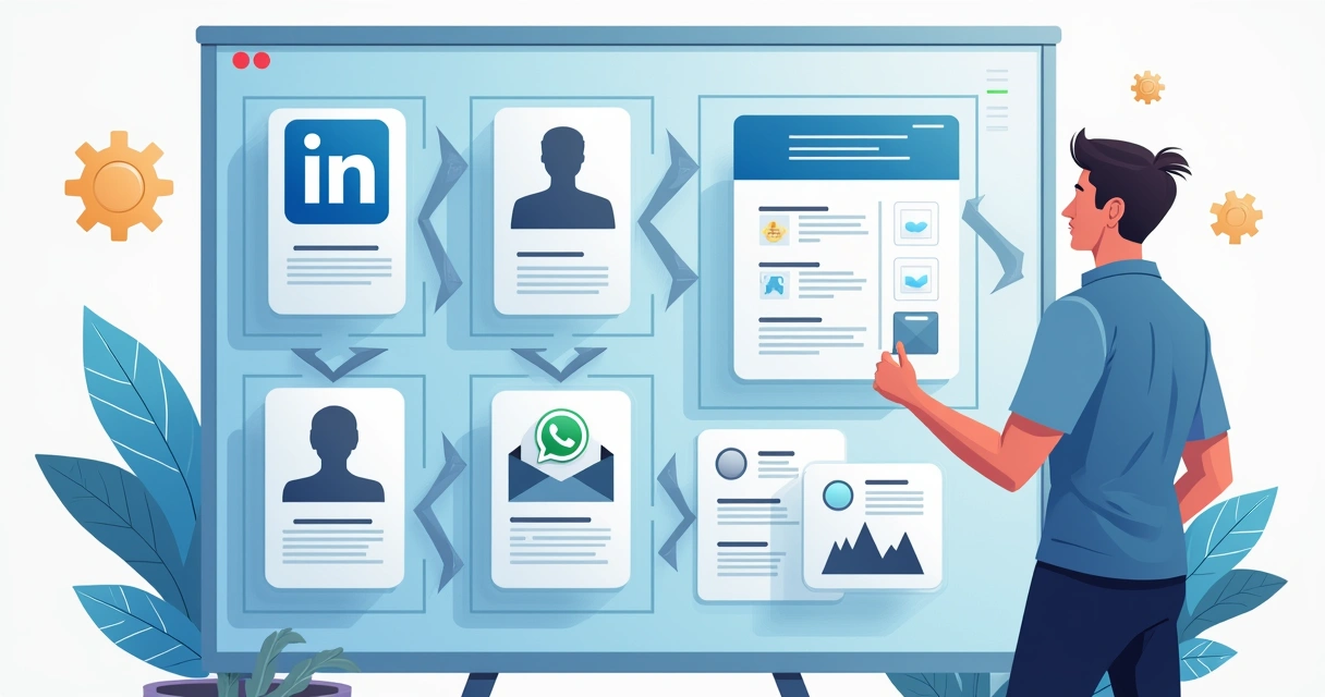 Quadro comparando LinkedIn, e-mail, telefone e WhatsApp como canais de prospecção na mesma tela. 