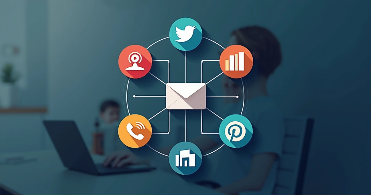 Diferentes ícones de comunicação digital conectados por linhas