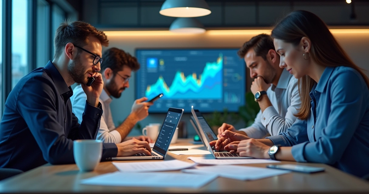 Equipe de vendas usando telefone, notebook e rede social para prospecção 