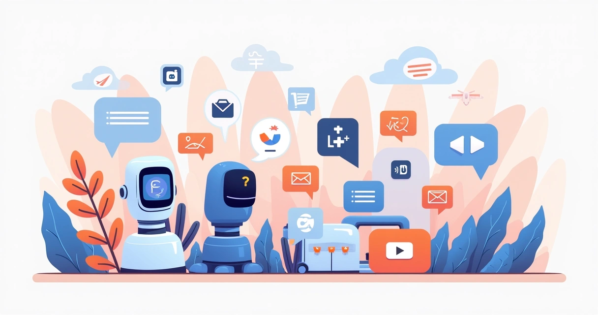 Ilustração mostrando vários canais digitais, como Google, redes sociais, IA e marketplaces 