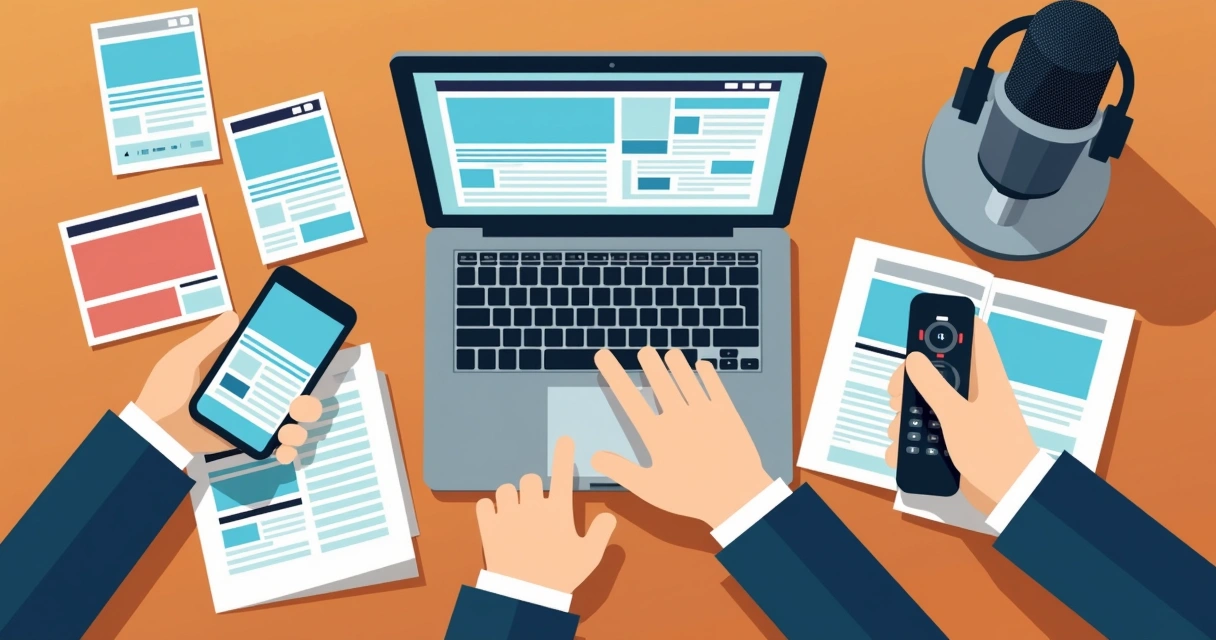 Mesa com dispositivos digitais e materiais impressos de campanha 