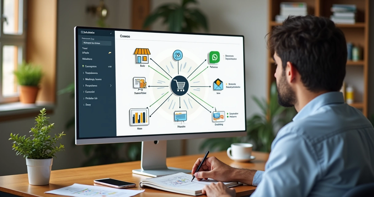 Empreendedor analisando mapa de canais de vendas digitais e físicos em tela grande 