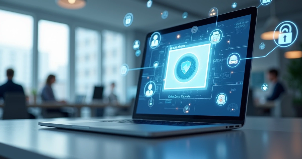 Representação visual de canal de atendimento digital para pedidos baseados na LGPD, com chatbot aberto e ícones de privacidade. 