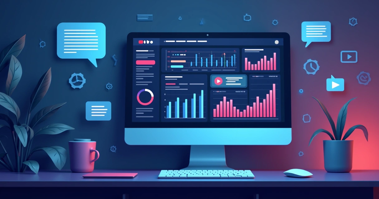 Computador exibindo gráficos e automação em tela de canal dark 